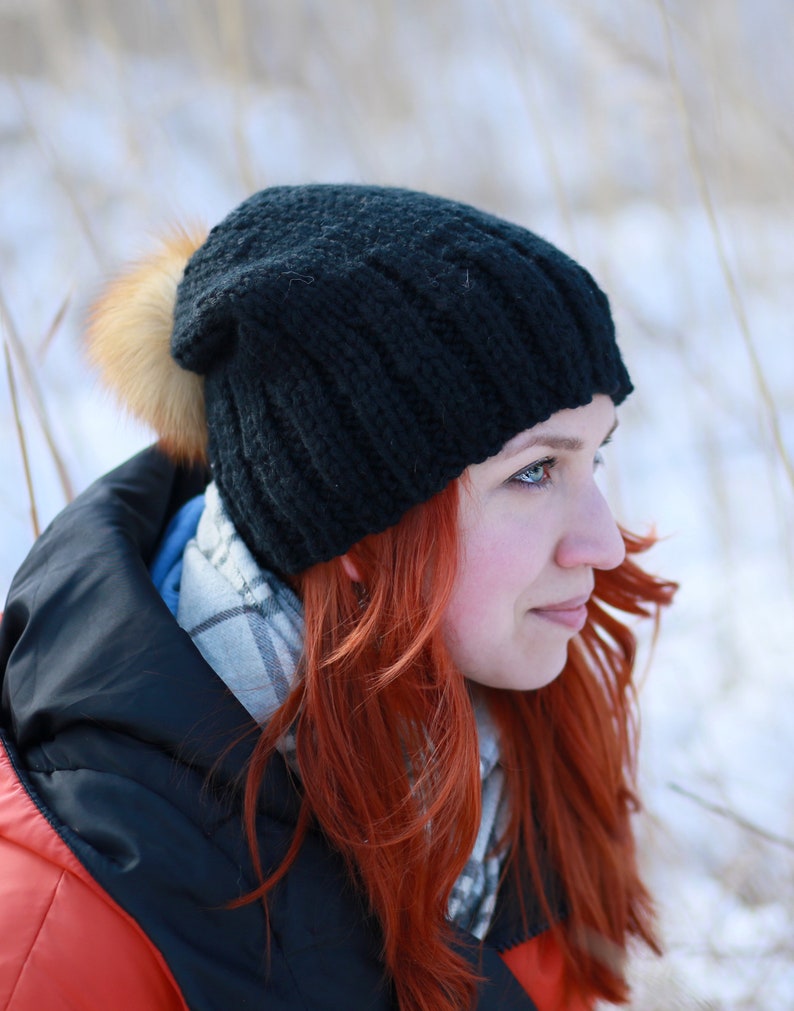 Slouchy black hat with fur pompom hand knitted wool hat warm soft knit woman accessories image 2