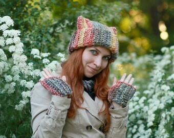 Handmade Crocheted Ribbed Brim Cat Ear Beanie and Fingerless Gloves Set. Crochet Cat Ear Beanie and Fingerless Gloves Set: Striped  main image 2