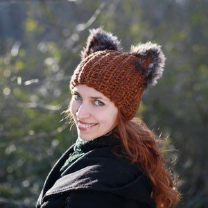 Winter hat with squirrel ears crochet unisex adult beanie natural fur black fox ears hat best gift idea for animal lovers dog cat owl pets image 5