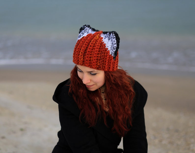 Real red ginger fox beanie slouchy unisex adult chunky orange cat hat light dark ears dog popular best gift animal lovers fashion crocheted image 3