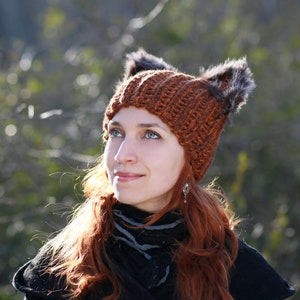 Winter hat with squirrel ears crochet unisex adult beanie natural fur black fox ears hat best gift idea for animal lovers dog cat owl pets image 8
