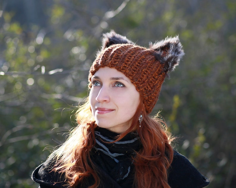 Winter hat with squirrel ears crochet unisex adult beanie natural fur black fox ears hat best gift idea for animal lovers dog cat owl pets image 8