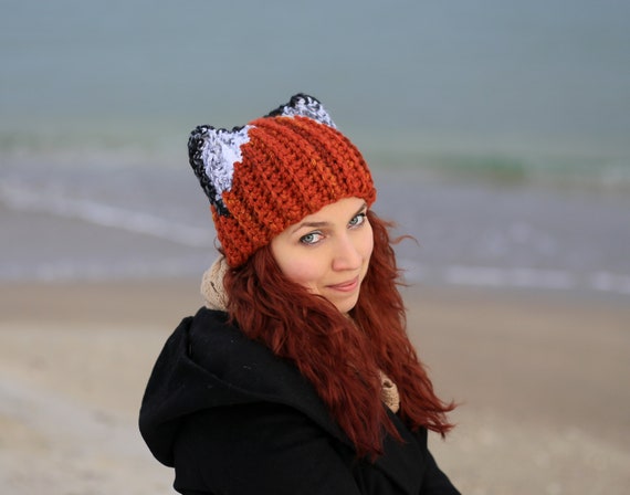 Chunky Crochet Fox Beanie, Orange Unisex Winter Hat with Ears