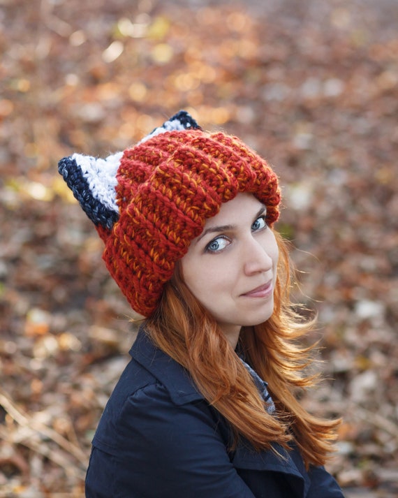 Red Fox Ears Beanie Crochet Orange 