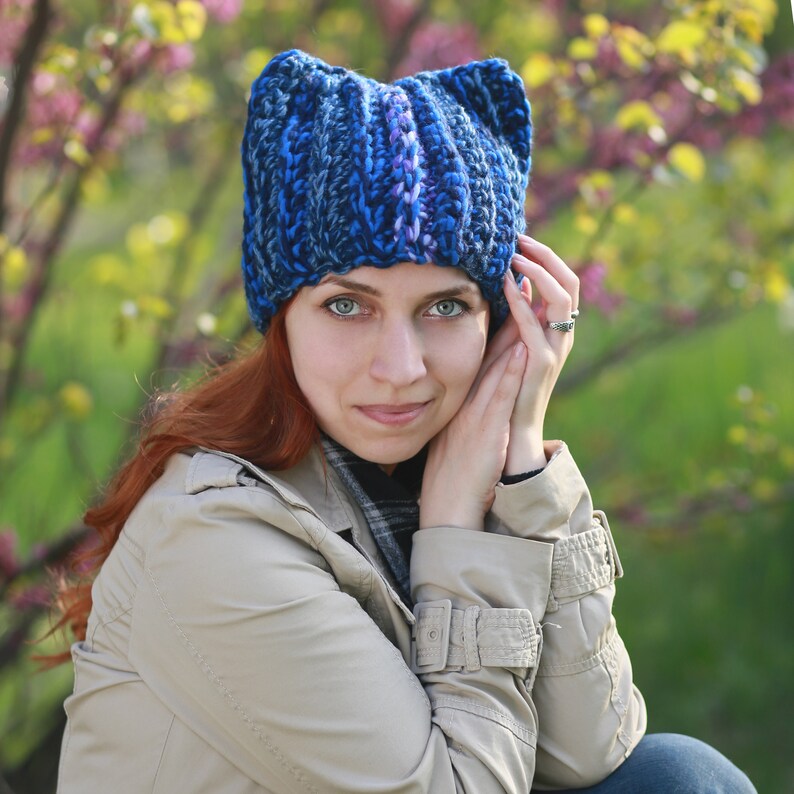 Blue winter hat with ears knit handmade animal crochet adult ladies beanie cat lover gift idea fox soft yarn fashion cat hat image 8