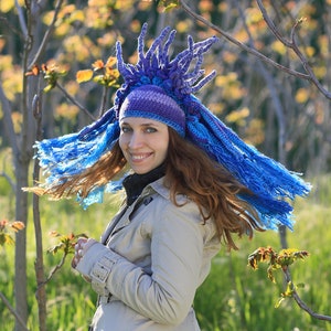 Purple blue crochet hat original headdress with tassels and horns winter cosplay beanie image 3