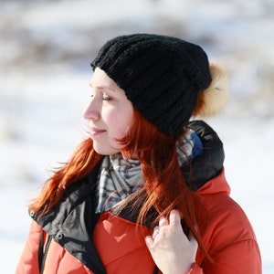 Slouchy black hat with fur pompom hand knitted wool hat warm soft knit woman accessories image 3