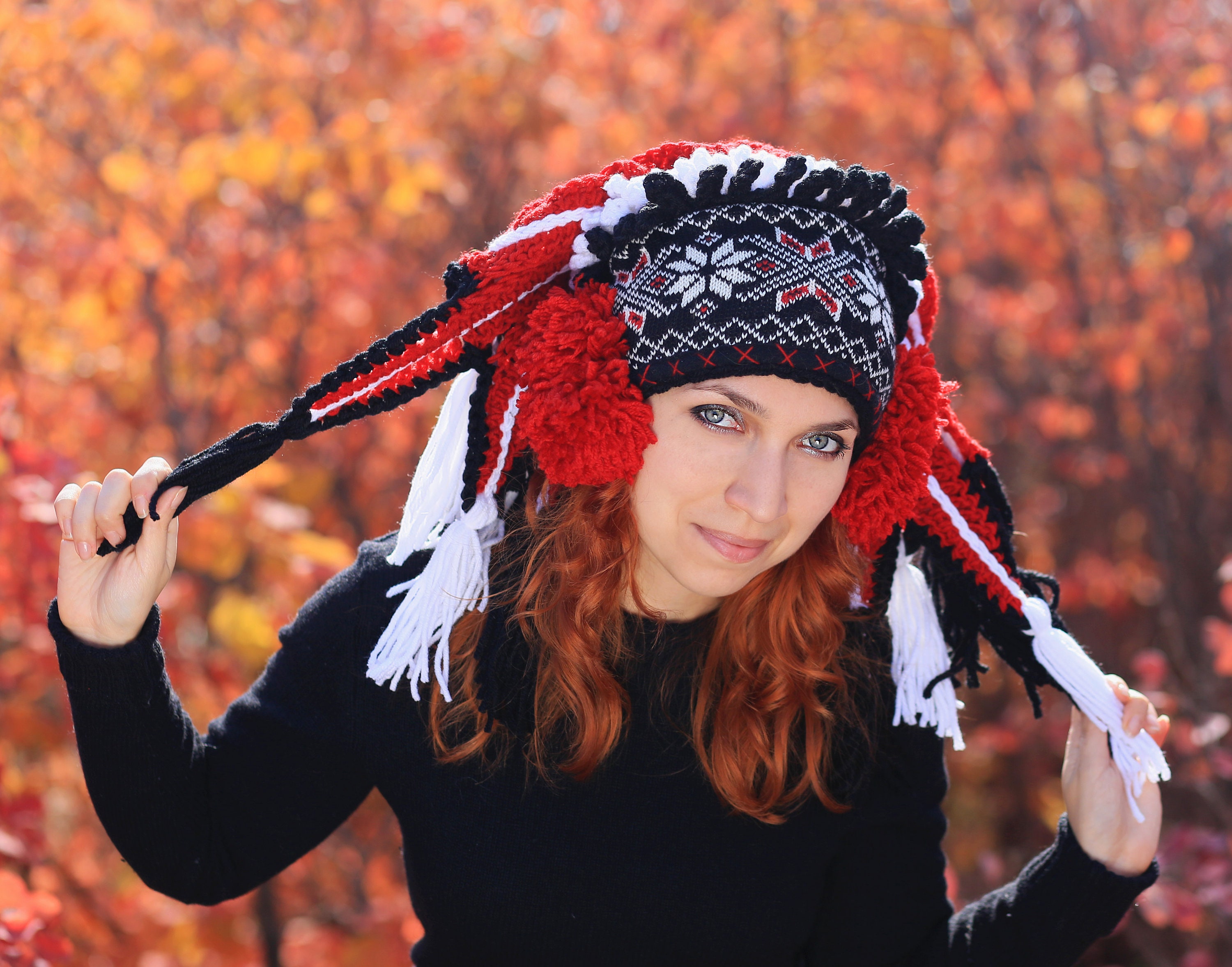 Black Red White Crochet Ornament Hat Ethnical Cold Weather Etsy