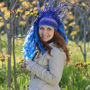 Purple blue crochet hat original headdress with tassels and horns winter cosplay beanie image 8
