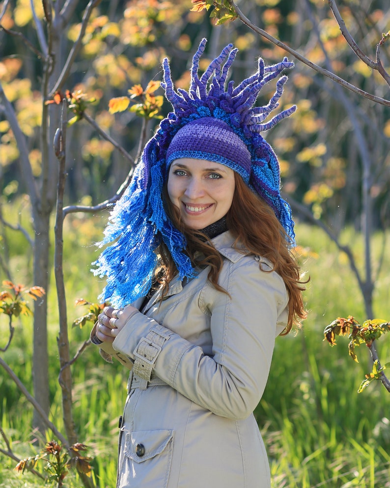 Purple blue crochet hat original headdress with tassels and horns winter cosplay beanie image 8