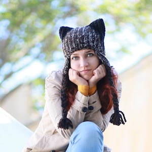 Black crochet cat hat with ears flaps- winter silver fox hat with protruding ears - best for animal lovers
