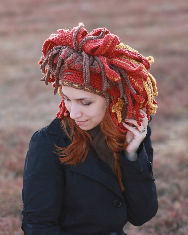 festival headdress in brown orange yellow color with feather leaves winter beanie Autumn shaman crochet hat