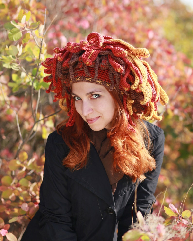 festival headdress in brown orange yellow color with feather leaves winter beanie Autumn shaman crochet hat