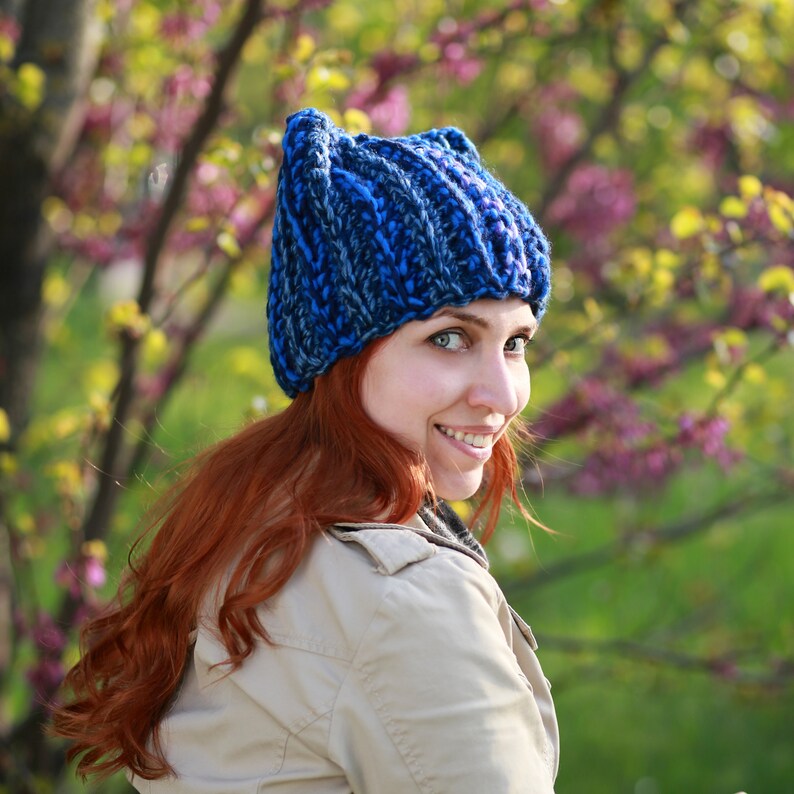 Blue winter hat with ears knit handmade animal crochet adult ladies beanie cat lover gift idea fox soft yarn fashion cat hat image 10
