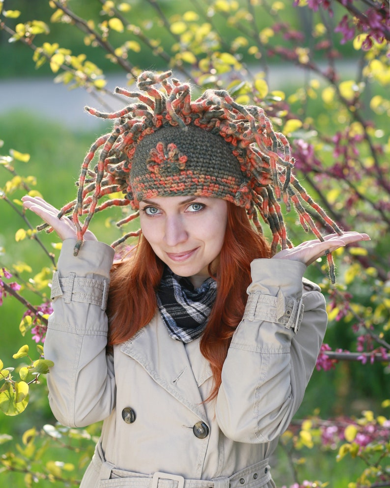 Forest Wreath Crochet Green Orange Horns Hat Woodland Nymph Etsy