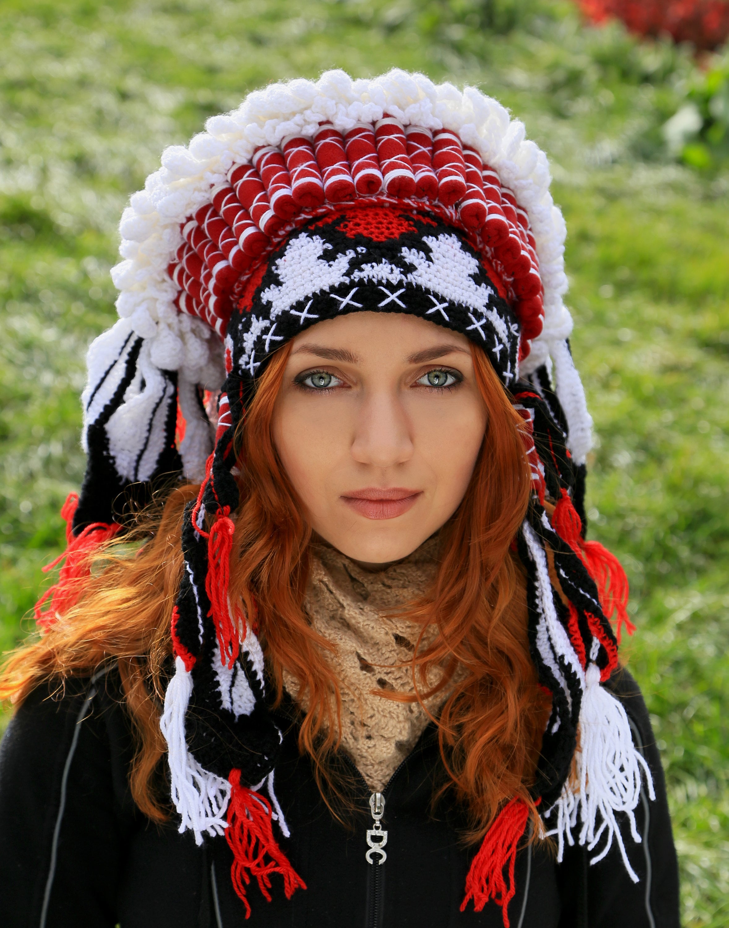 Red White Black Crochet Feather Headdress, Tribal Winter Beanie - Etsy