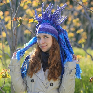 Purple blue crochet hat original headdress with tassels and horns winter cosplay beanie image 2