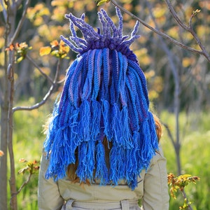 Purple blue crochet hat original headdress with tassels and horns winter cosplay beanie image 5