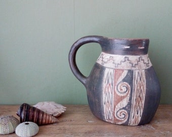 Vintage kleine Chili volkskunst kruik / terracotta aardewerk geschilderd / Zuid-Amerikaans kunstaardewerk