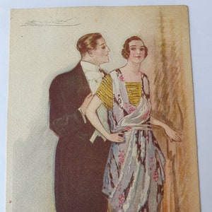 Stara pocztówka Art Deco Artysta podpisany Mauzan Itlaian Elegancka para / mężczyzna kobieta wieczorowa sukienka 1921