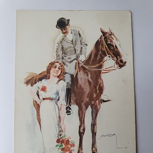 Stara pocztówka Art Nouveau Artysta podpisany USABAL Hiszpański Elegancki Glamour Młoda Kobieta Dama Dżentelmen Koń / 1915