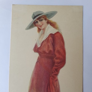 Carte postale vintage Artiste Art Déco Signée Bompard Italienne Jeune Femme Élégante Dame au Grand Chapeau / Édouardienne