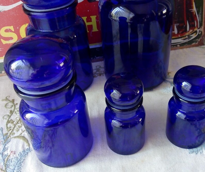 vintage blue apothecary jars
