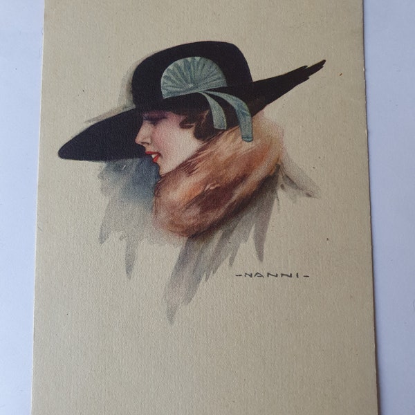 Vintage Postcard Art Deco Artist Signed Nanni Itlaian Elegant Glamour Lady Woman in Big Hat / Edwardian 1919
