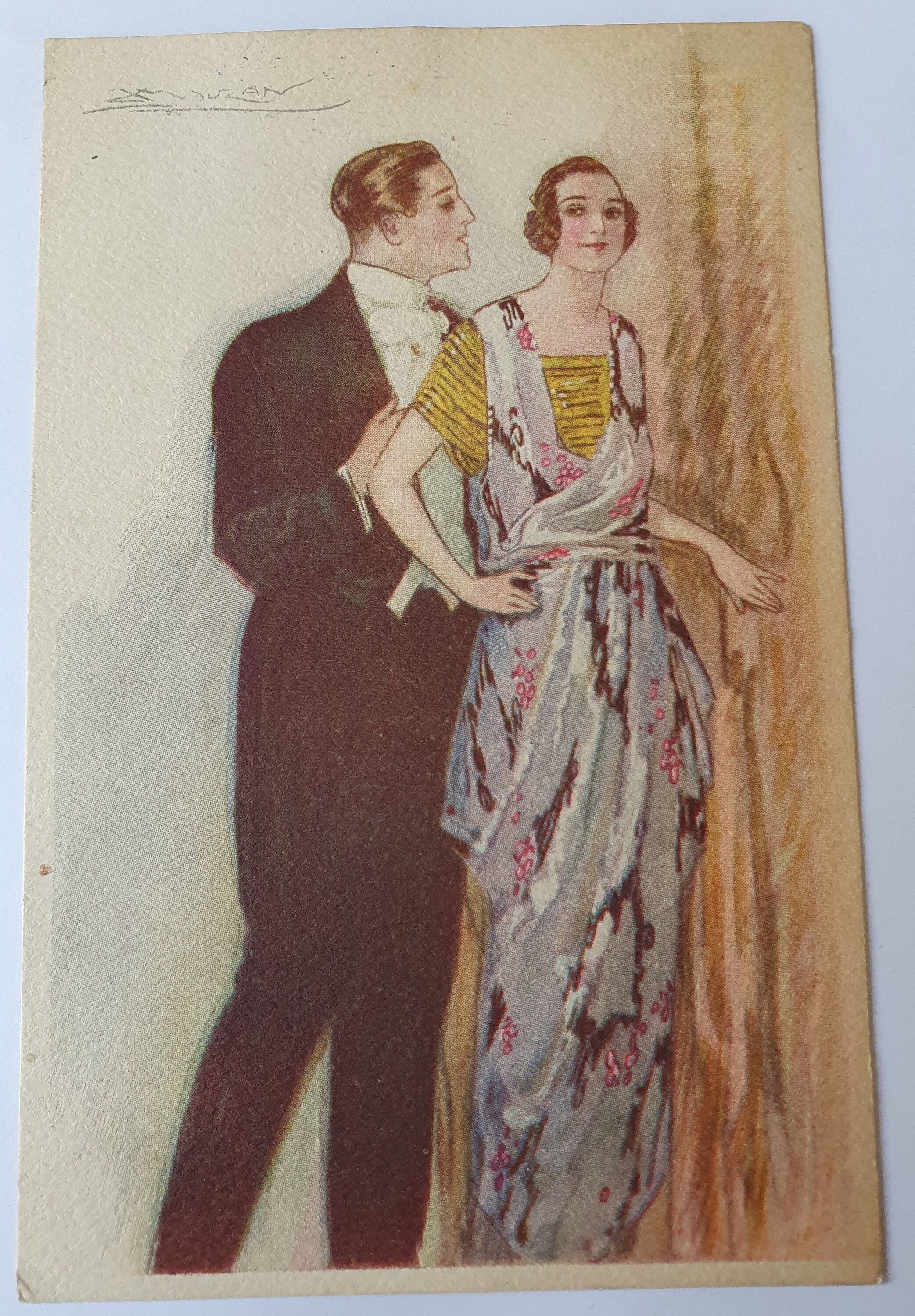 Vintage Postcard Art Deco Artist Signed Mauzan Itlaian Elegant Couple / Man Woman Evening Dress 1921