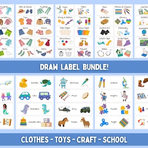 May include: A set of colorful printable labels for organizing clothes, toys, crafts, and school supplies. The labels feature illustrations of various items, such as hats, shoes, cars, dinosaurs, and more. The labels are designed to be printed and cut out, then used to label storage bins, shelves, or drawers.