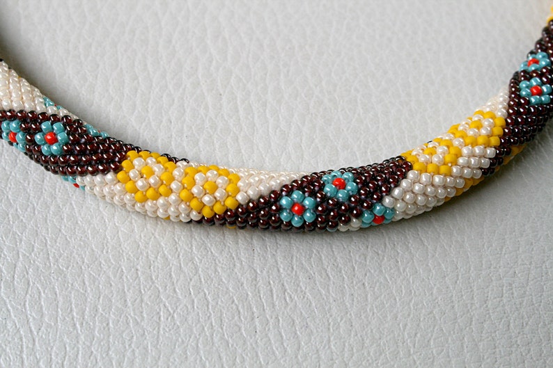 Necklace with beads Japanese TOHO Jewelry Beadwork,crochet technique slashes,Colours:Salmon,Oxblood,Sunshine,Turquoise,Beige,Gold crochet