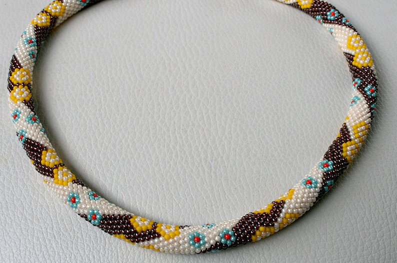 Necklace with beads Japanese TOHO Jewelry Beadwork,crochet technique slashes,Colours:Salmon,Oxblood,Sunshine,Turquoise,Beige,Gold crochet