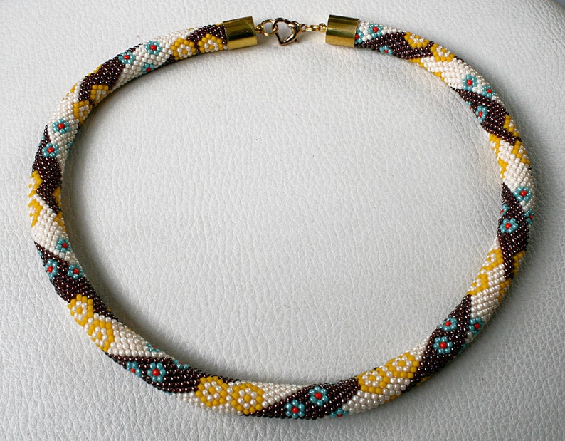 Necklace with beads Japanese TOHO Jewelry Beadwork,crochet technique slashes,Colours:Salmon,Oxblood,Sunshine,Turquoise,Beige,Gold crochet