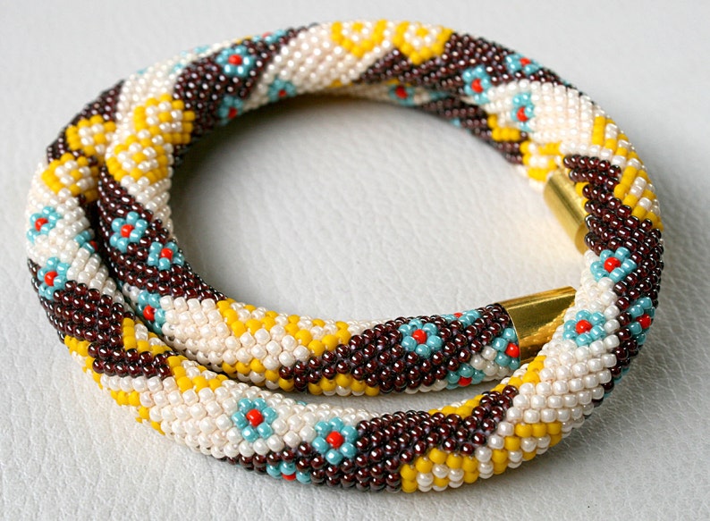 Necklace with beads Japanese TOHO Jewelry Beadwork,crochet technique slashes,Colours:Salmon,Oxblood,Sunshine,Turquoise,Beige,Gold crochet