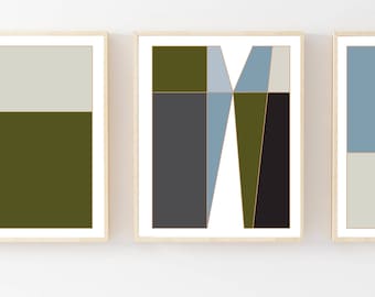 Geometric Triptych Art Print Set: Modern Color Block Wall Art