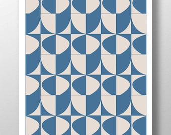 Blue Midcentury Modern Art Print, Geometric Mod Wall Decor (Digital Art)