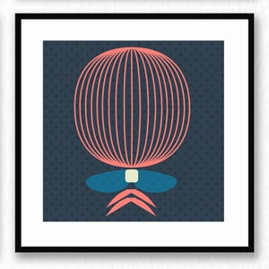 May include: Abstract art print featuring a stylized figure. A large, coral-colored sphere with vertical lines sits atop a blue shape with a small square and two downward-pointing orange triangles. The background is a dark blue with small white dots.