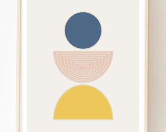 Impression d'art géométrique : oeuvre d'art murale scandinave rose, jaune et bleue