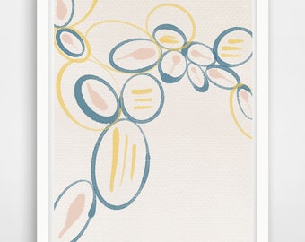 Impression florale abstraite à l'aquarelle : cercles bleus, jaunes et roses