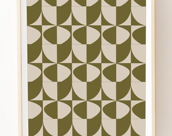 Olive Green Geometric Art Print: Mid-Century Modern Wall Decor