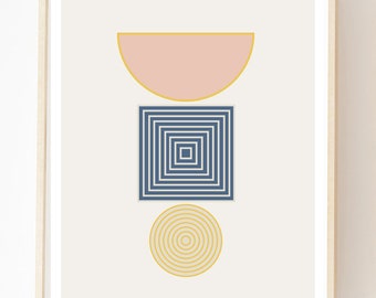 Impression d'art géométrique : oeuvre d'art murale scandinave rose, jaune et bleue