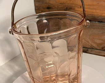 Vintage Pink Depression Glass Cut Design Ice Bucket