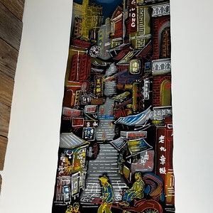 Vintage Mid Century Black Velvet Chinese Banner Paintings, Hong Kong and Pagoda