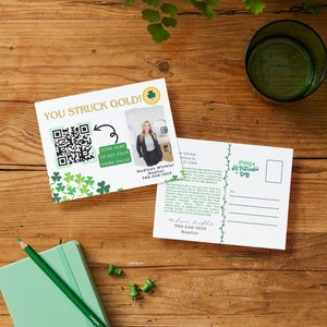 Carte postale pour agent immobilier de la Saint-Patrick \\ Marketing immobilier \\ Carte postale personnalisable pour les vendeurs \\ Carte postale avec code QR