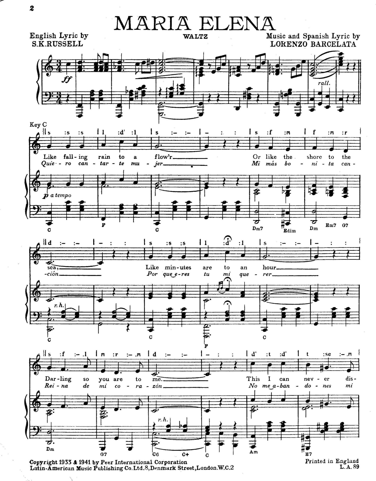 Maria Elena. Sheet Music Download | Etsy