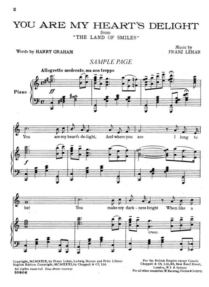 You Are My Hearts Delight. Sung by Richard Tauber. Sheet Music Etsy