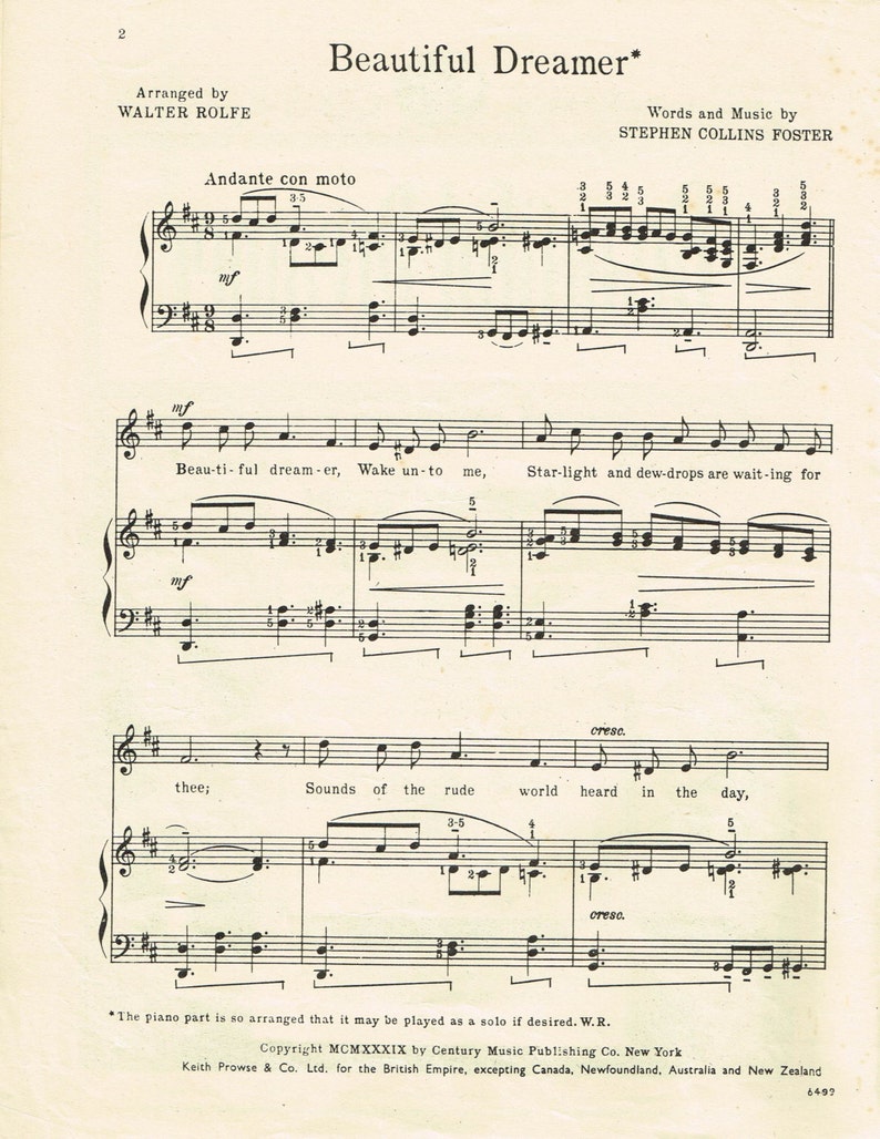 Beautiful Dreamer. Vintage Sheet Music Etsy