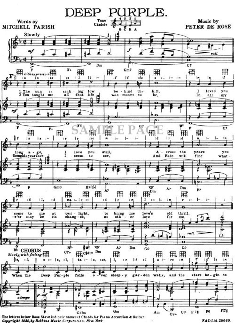 Deep Purple by Peter De Rose Mitchell Parish. Sheet Music Etsy