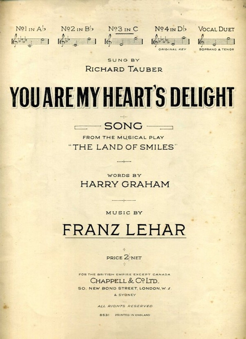 You Are My Hearts Delight. Sung by Richard Tauber. Sheet Music Etsy