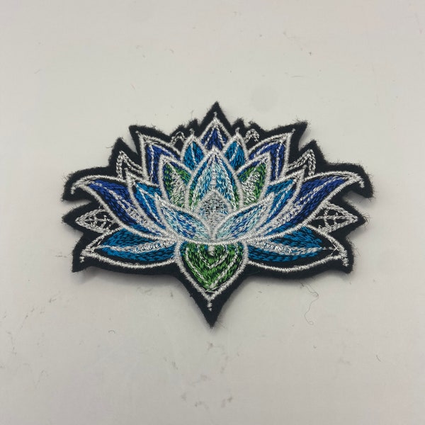 Small Embroidered Lotus Flower Patch - Blue / Green